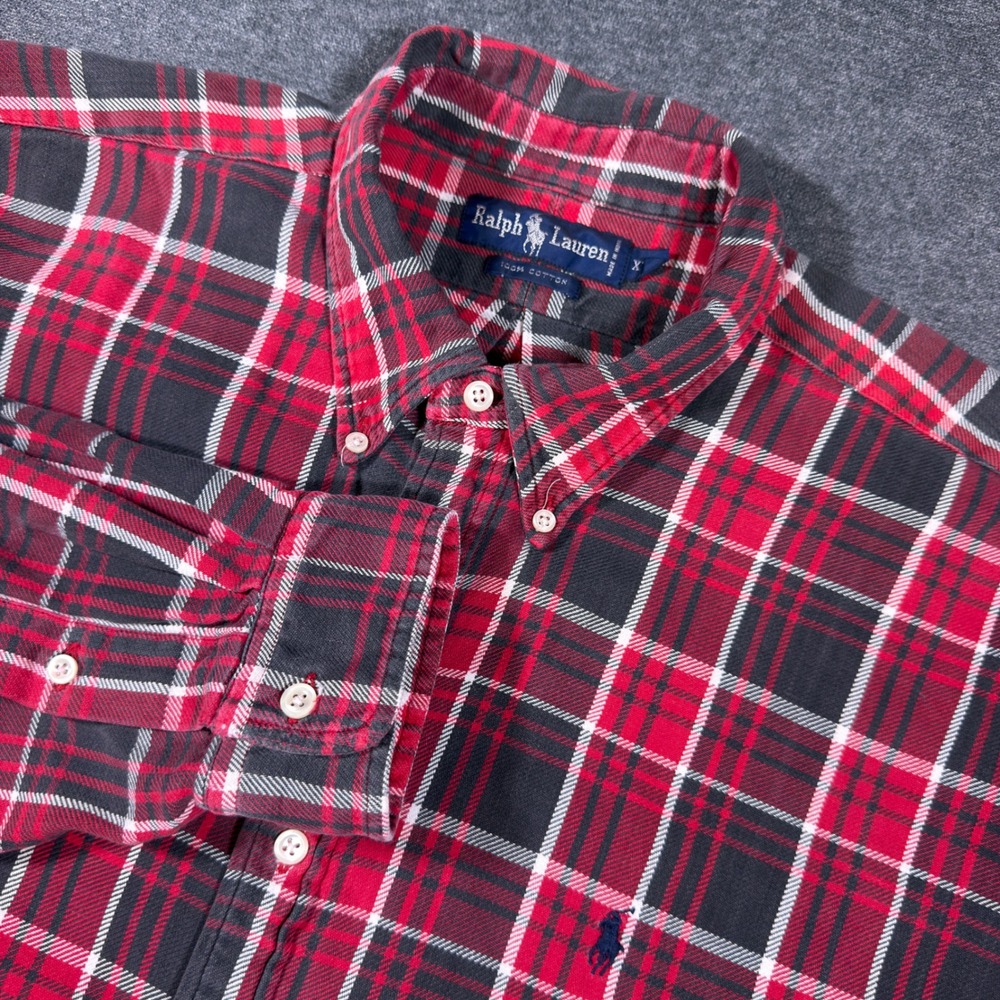 Vintage Ralph Lauren Button Down Shirt Mens XXL Red Plaid Cotton Long Sleeve